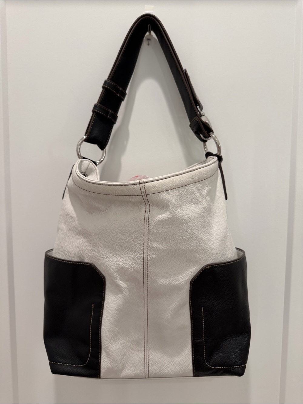 Borsela by Hobo Two-Tone White and Black Leather Shoulder Bag with Tassel Accent
